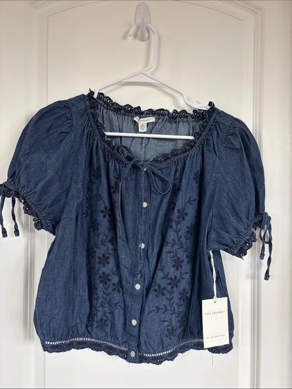 Free People Indigo Embroidered Button-Front Peasant Top